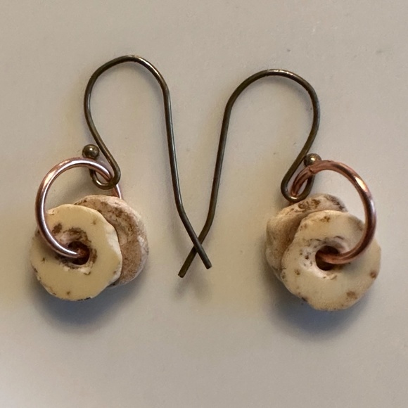 Hand Crafted Jewelry - SOLD ARTISAN Ostrich Eggshell Heishi Bead Copper Ring Bronze Earrings 1”